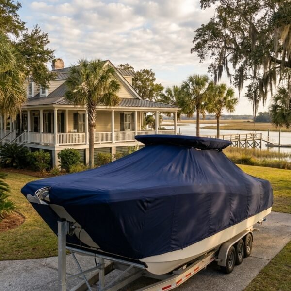 World Cat 255 DC catamaran boat cover in navy Sunbrella fabric on trailer at Charleston South Carolina waterfront home