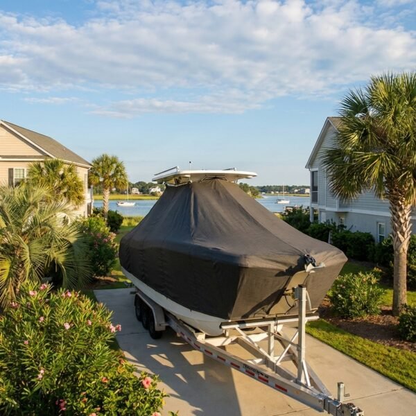 World Cat 260 DC-X catamaran boat cover in charcoal Sunbrella fabric on trailer near Myrtle Beach South Carolina