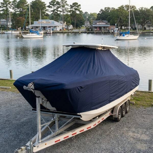 World Cat 266 SC catamaran boat cover in navy Sunbrella fabric on trailer at Oriental North Carolina harbor