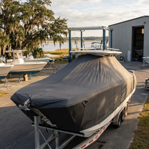 World Cat 2740 catamaran boat cover in charcoal Sunbrella fabric on trailer at Georgetown South Carolina boatyard