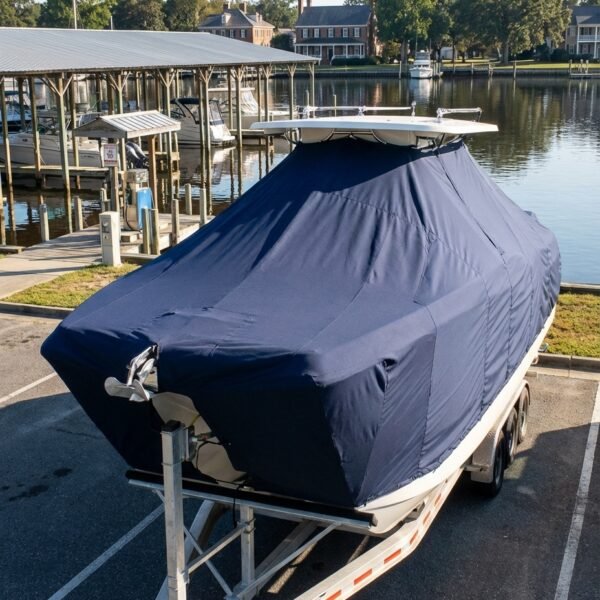 World Cat 280 CC-X catamaran boat cover in navy Sunbrella fabric on trailer at New Bern North Carolina marina