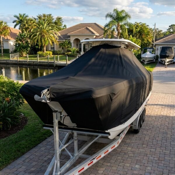 World Cat 280 DC-X catamaran boat cover in black Sunbrella fabric on trailer at Jacksonville Florida Intracoastal Waterway