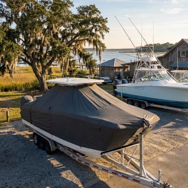 World Cat 295 CC catamaran boat cover in charcoal Sunbrella fabric on trailer at Hilton Head South Carolina marina