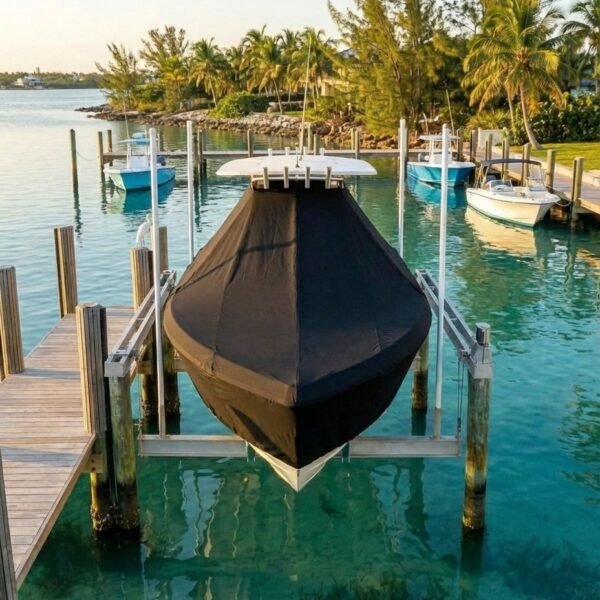 Albury Brothers 23 T-Top boat cover in Black Sunbrella fabric on dock lift at Man-O-War Cay, Bahamas