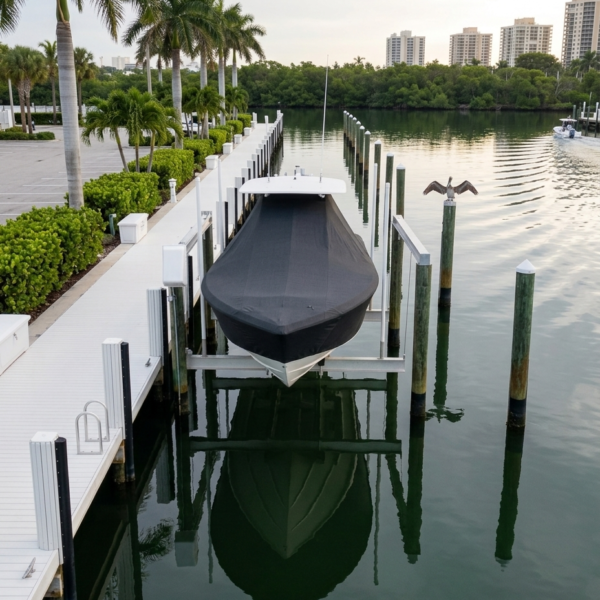 Albury Brothers 27 T-Top boat cover in Charcoal Sunbrella fabric on dock lift at West Palm Beach, Florida