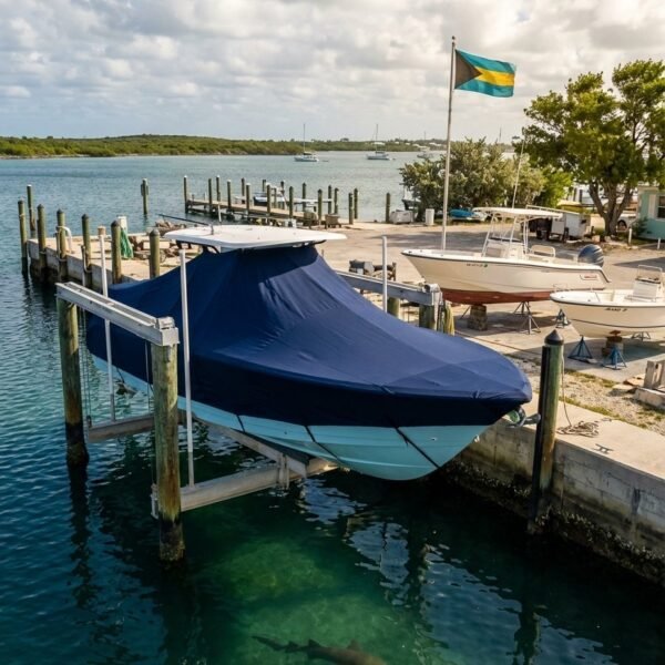 Albury Brothers 33 T-Top boat cover in Navy Sunbrella fabric on dock lift at Marsh Harbour, Abaco, Bahamas