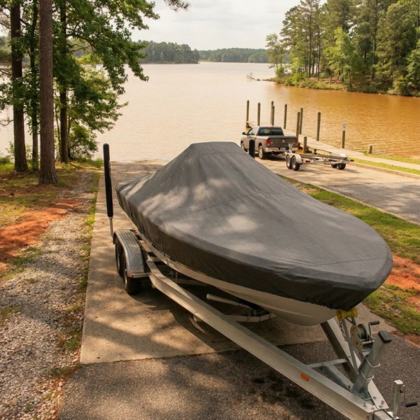 Avid 21 Fusion center console boat cover in Charcoal Sunbrella fabric on trailer at Bay Springs Lake, Mississippi