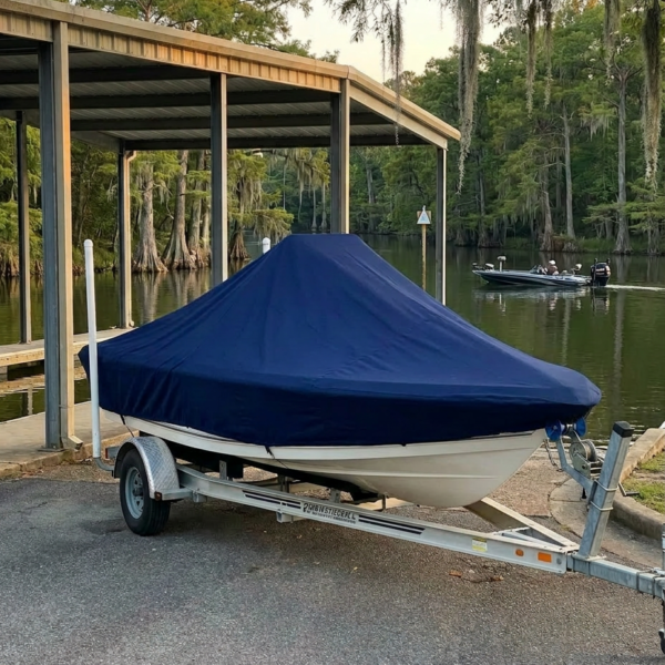 Avid 21 Mag center console boat cover in Navy Sunbrella fabric on trailer at Tennessee-Tombigbee Waterway, Fulton, Mississippi