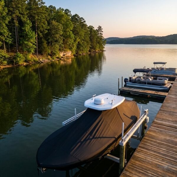 Avid 21 Magnum T-Top boat cover in Black Sunbrella fabric on dock lift at Pickwick Lake, Mississippi