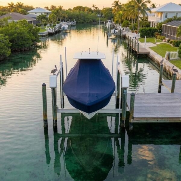 Blackfin 242 T-Top boat cover in Navy Sunbrella fabric on dock lift at Stuart, FL canal