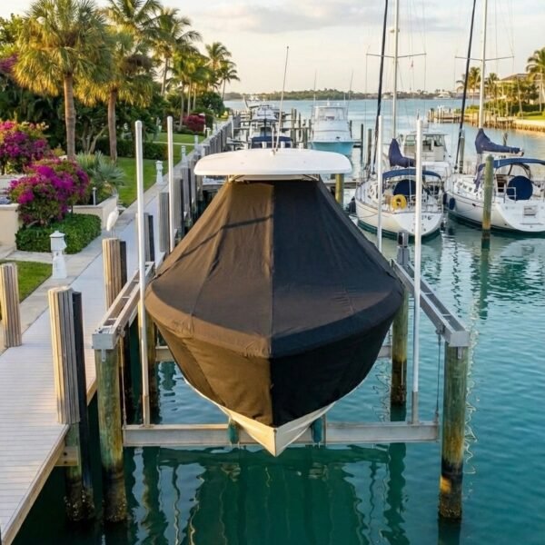 Blackfin 252 DC T-Top boat cover in Charcoal Sunbrella fabric on dock lift at Vero Beach, FL marina
