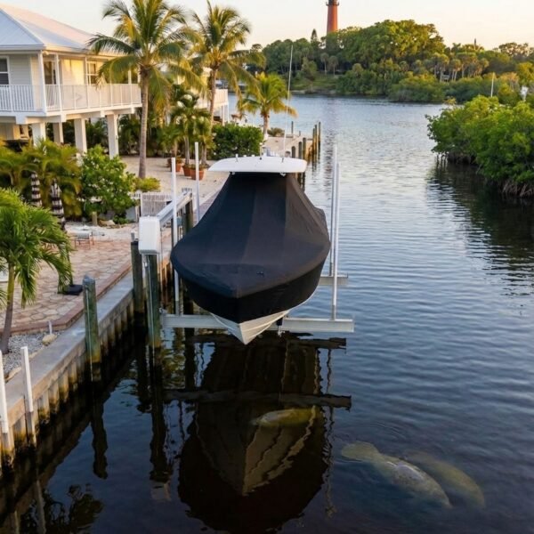 Blackfin 272 DC T-Top boat cover in Black Sunbrella fabric on dock lift at Jupiter, FL marina