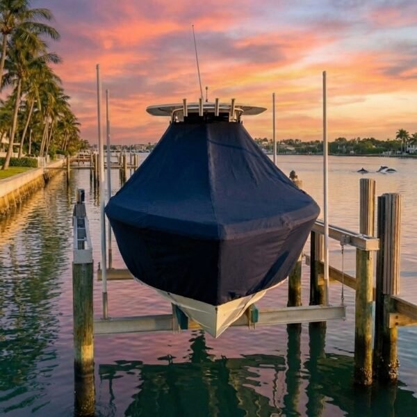 Blackfin 302 DC T-Top boat cover in Navy Sunbrella fabric on dock lift at Hutchinson Island, FL