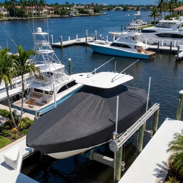 Blackfin 302 T-Top boat cover in Charcoal Sunbrella fabric on canal lift at Palm Beach, FL marina