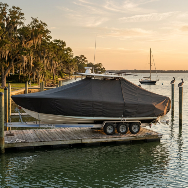 Covered boat on a trailer at a wooden dock during sunset, with calm water and a distant sailboat.