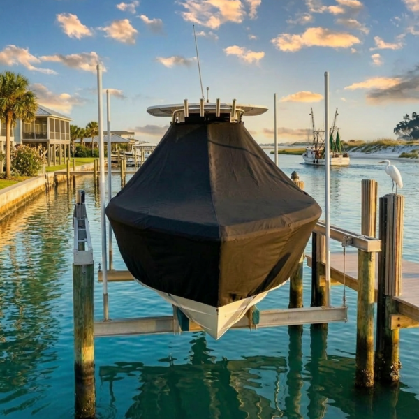 Covered motorboat on a lift at a marina, turquoise water reflecting the evening light with palm trees nearby and a pastel sunset sky.