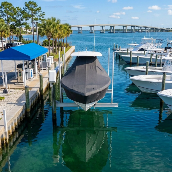 Boat covered with a black tarp on a boat lift at a marina with clear blue water and a bridge in the background.
