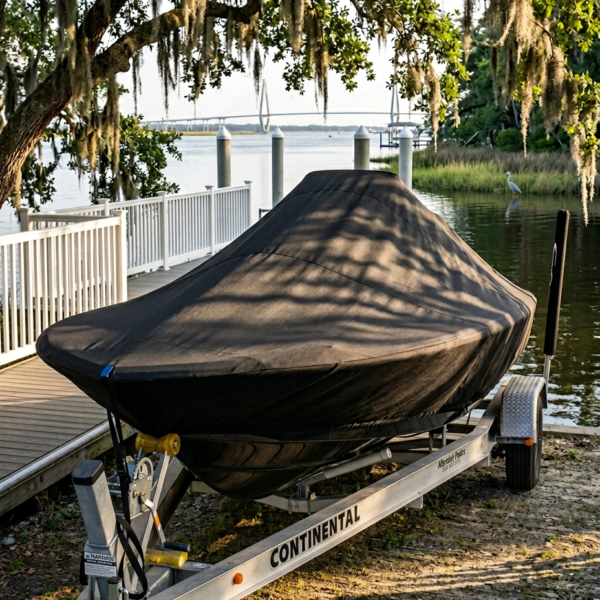 Boat on a covered trailer beside a wooden dock by calm water, with trees casting shade overhead and a distant bridge.