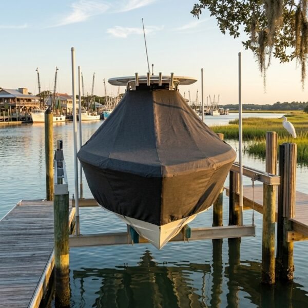 Covered boat on a floating lift at a marina, calm water and wooden docks around.