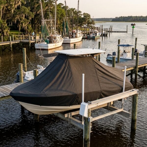 Covered white boat with a black tarpaulin on a dock at a marina, with other boats moored nearby in the background.