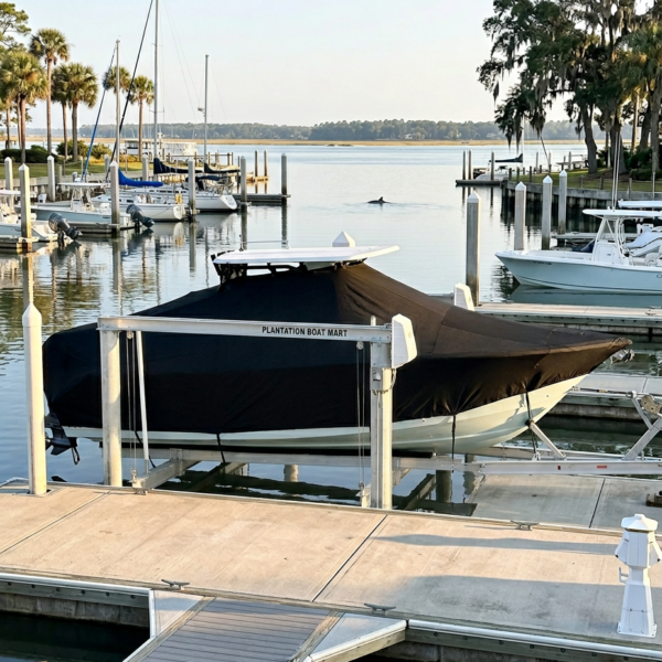 Covered motorboat docked at a marina with palm trees in the background, labeled Plantation Boat Mart on the cover edge of the boat.