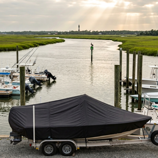 Boat covered with a black tarp on a trailer at a marina, with calm water and boats in the background along marshy shores and pilings.
