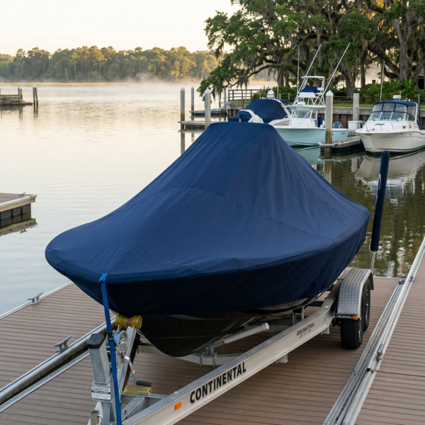 Boat on a blue-covered trailer at a wooden dock beside calm water and other boats in the background.