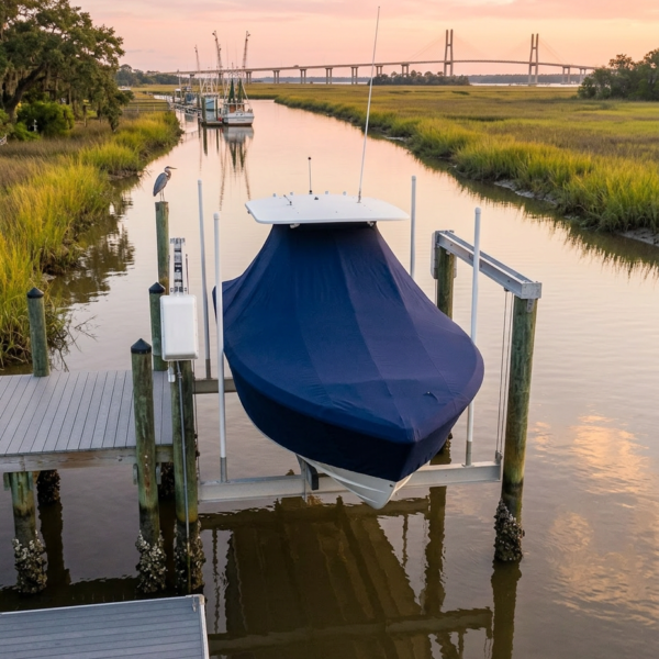 Blue-covered boat on a floating dock in a marshy canal at sunset, with a distant bridge and pink sky behind it.