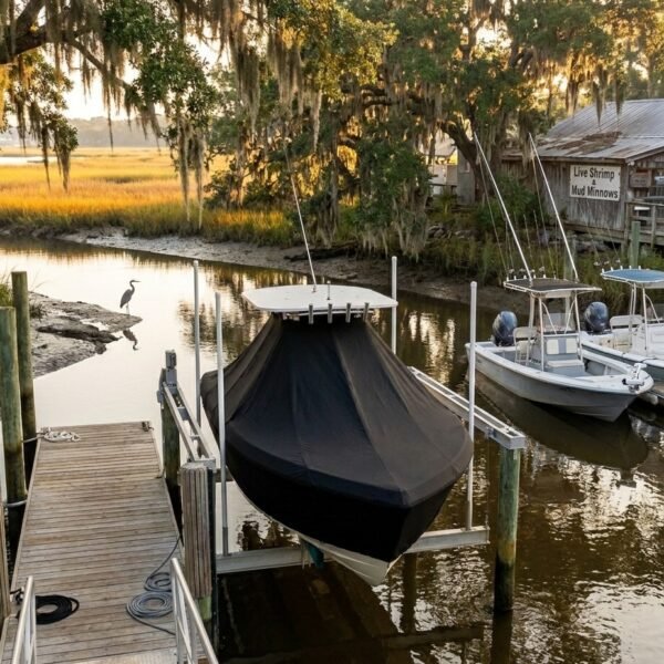 Boats docked at a marina with a large covered boat on a lift, a wooden dock, and a shed reading 'Live Shrimp Mud Minnows' in the background at sunset