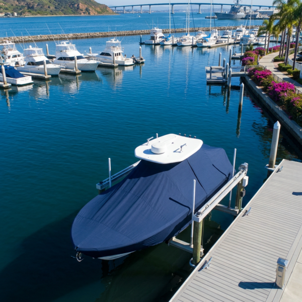 Covered blue speedboat docked at a marina with other white yachts and a bridge in the distance.