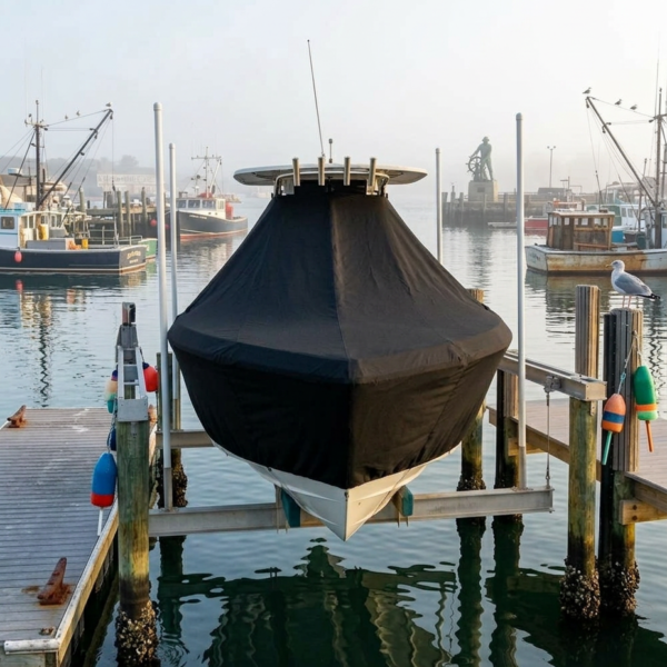Boat covered in a black tarp sits on a lift at a wooden dock, with calm water and other boats in a foggy harbor.