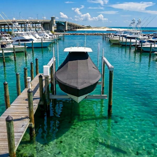 Sunny marina with a central speedboat covered in black fabric, moored between wooden docks and clear turquoise water.