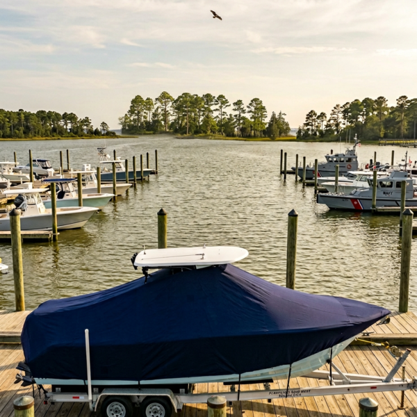 Speedboat on a trailer covered by a dark blue tarp at a wooden dock in a marina with calm water nearby.