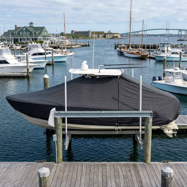 Covered recreational boat docked at a marina, with other vessels and a distant bridge in the background.