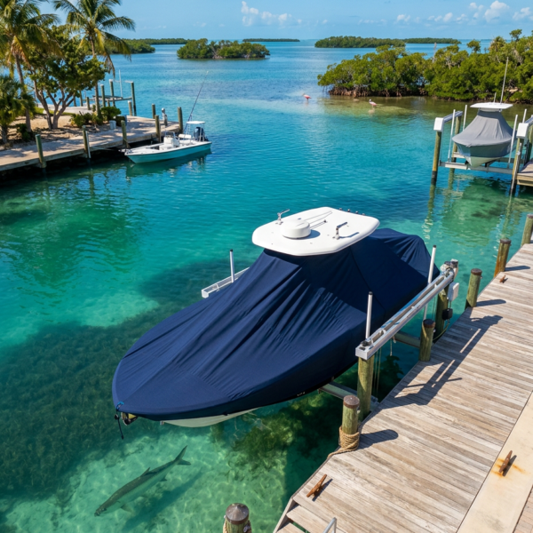 Boat docked at a wooden pier in clear turquoise water, sky with white clouds, boat covered in navy tarp awaiting launch or transport.