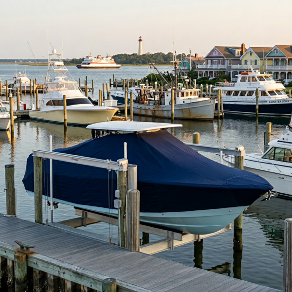 Boats docked at a marina with a large navy-covered boat in the foreground and a lighthouse on the horizon.