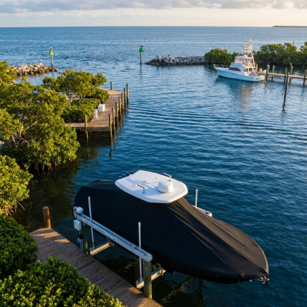 Contender 21 Open T-Top boat cover in Black Sunbrella fabric on dock lift at Islamorada, Florida