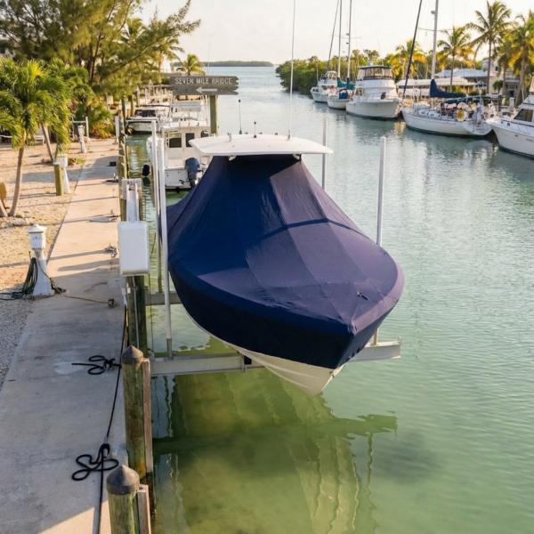 Contender 22 Sport T-Top boat cover in Charcoal Sunbrella fabric on dock lift at Biscayne Bay, Florida