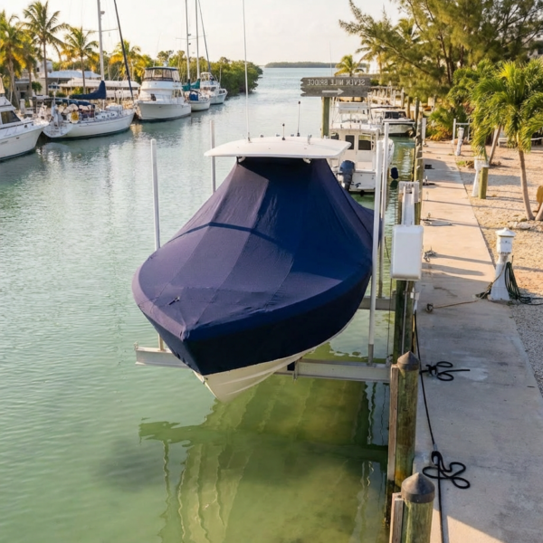 Contender 23 Open T-Top boat cover in Navy Sunbrella fabric on dock lift at Marathon, Florida