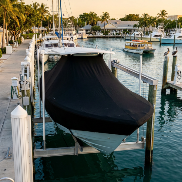 Contender 23 Tournament T-Top boat cover in Black Sunbrella fabric on dock lift at Key West, Florida