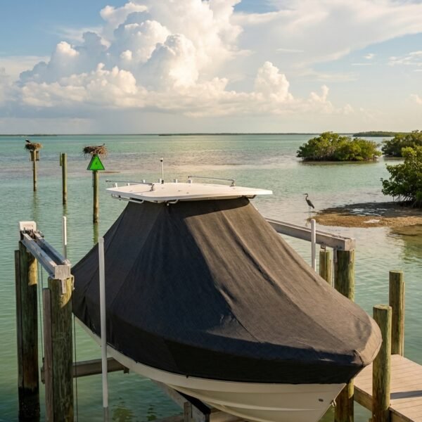 Contender 24 Sport T-Top boat cover in Charcoal Sunbrella fabric on dock lift at Flamingo, Florida