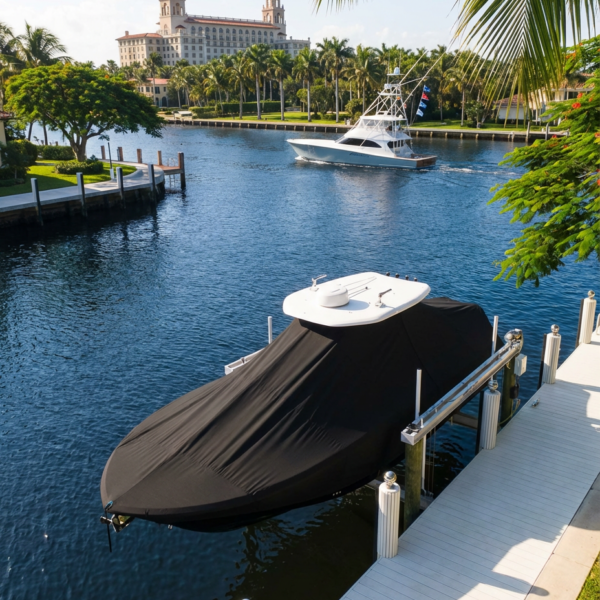Contender 25 Open T-Top boat cover in Black Sunbrella fabric