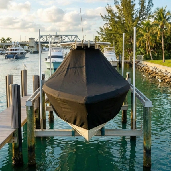Contender 25 Sport T-Top boat cover in Charcoal Sunbrella fabric
