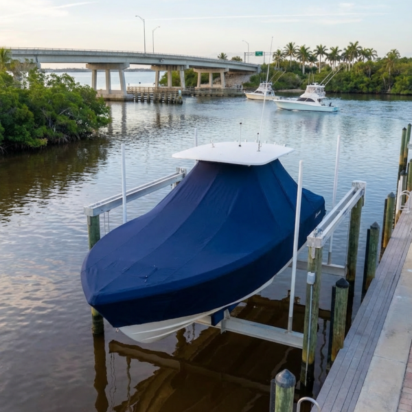 Contender 25 Tournament T-Top boat cover in Navy Sunbrella fabric