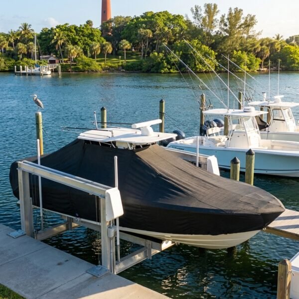 Contender 27 Open T-Top boat cover in Charcoal Sunbrella fabric