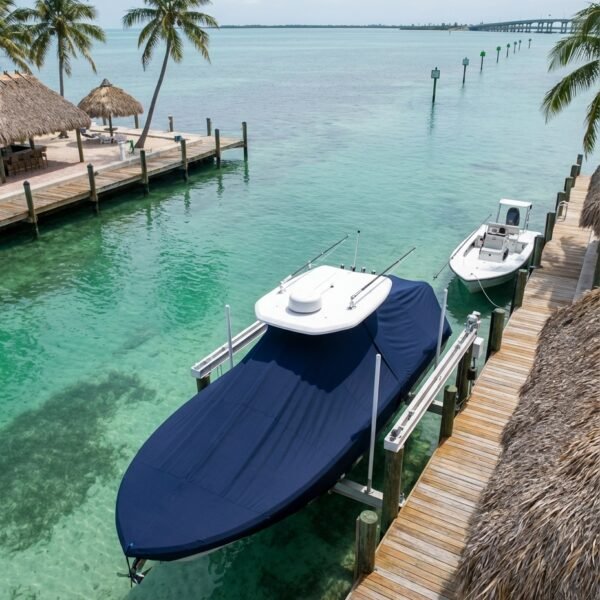 Contender 27 Tournament T-Top boat cover in Navy Sunbrella fabric