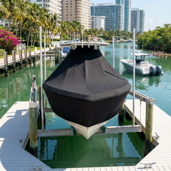 Contender 28 Sport T-Top boat cover in Black Sunbrella fabric