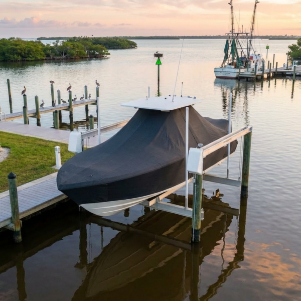 Contender 28 T T-Top boat cover in Charcoal Sunbrella fabric