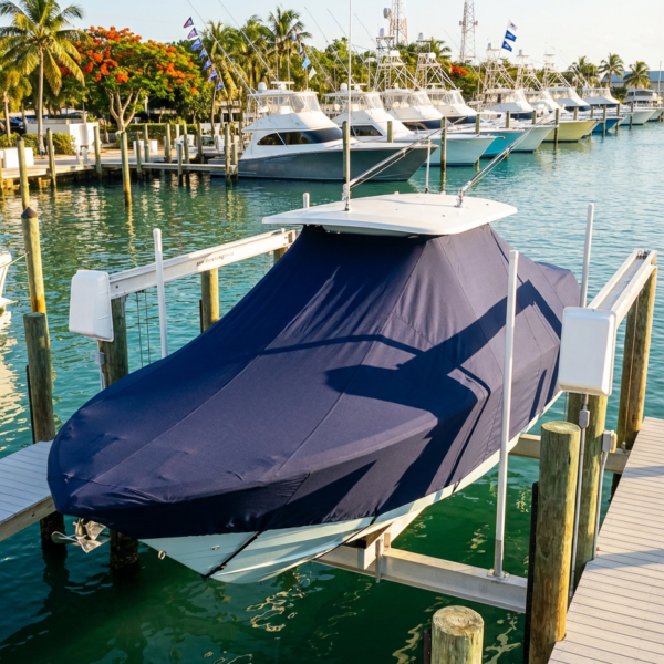 Contender 30 ST T-Top boat cover in Navy Sunbrella fabric
