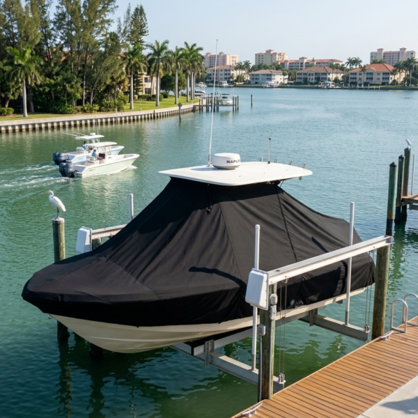 Contender 31 FA T-Top boat cover in Black Sunbrella fabric